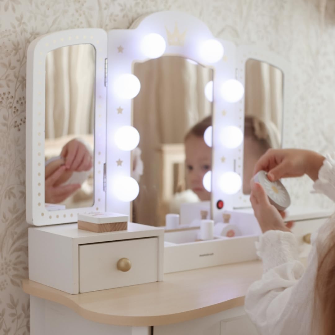 mamabrum Tavolo da Toeletta per Bambini XXL in Legno con Sgabello & Specchio LED – Coiffeuse con Cassetto e Accessori – Scrivania 2-in-1 per Bambine dai 3 Anni