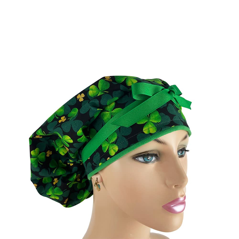 Bouffant Medical Cap Blooming Saint Patrick's Clovers Sweatband Ponytail Pouch Tie Back Hats Bouffant Scrub Hats Turban Hats. Nurses Hats Ponytail Holder Dr. Hats