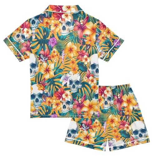 ALAZA Tropical Flower Sugar Skull Blossom Pajamas Satin Pajama Set Short Sleeve Button Down Sleepwear2