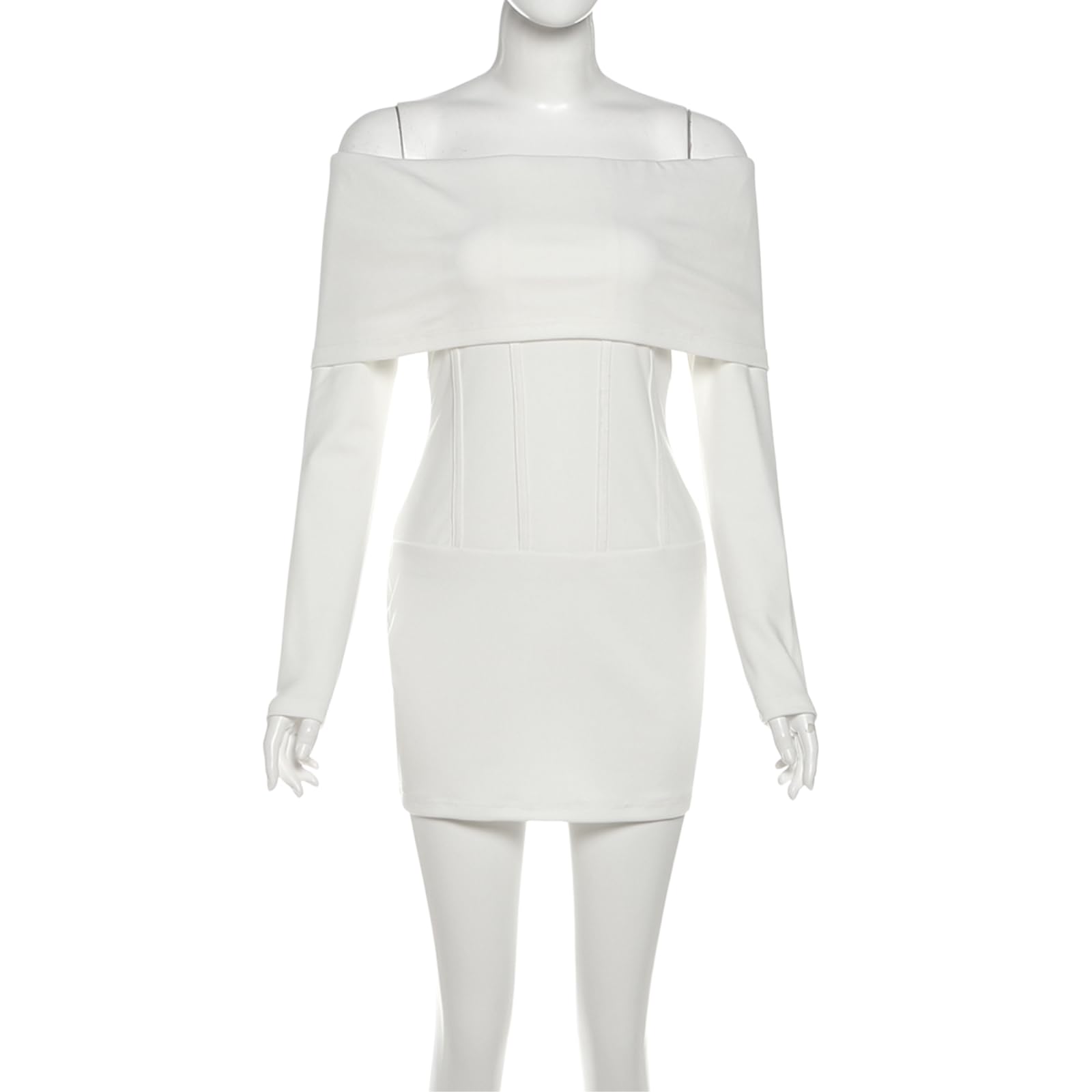 Abito Donna Fuori Spalla Manica Lunga Ruched Bodycon Mini Dress Club Party Outfit, Abito-White-m