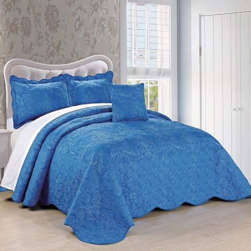 TRP French Country Style 4 Piece Pretty Embroidered Geometric Pattern Oversized Queen Bedspread | All Seasons Shabby Chic Bedding Royal Blue Color Designer Aesthetic Look Soft Plush Cozy Feel