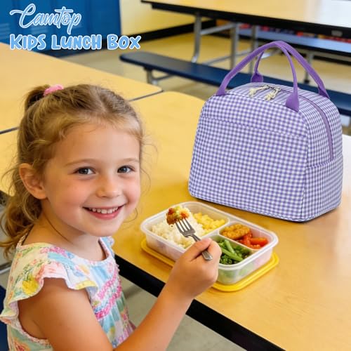 Image of CAMTOP Lunch Box Kids Insulated Lunch Bag Large Reusable Leakproof Cooler Lunch Bags for Boys Girls School Travel Picnic (Purple and White Checkered)