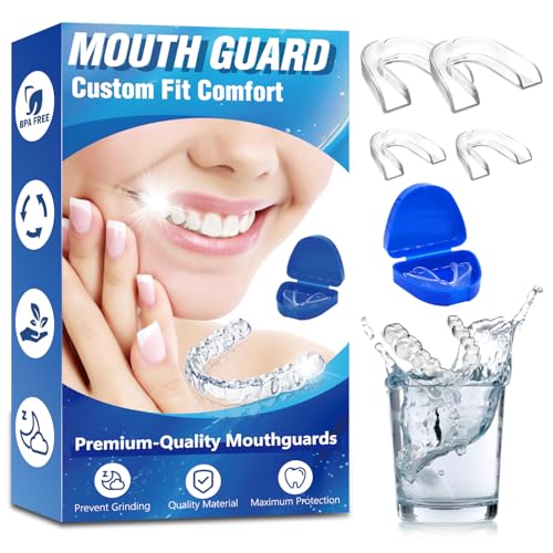 Mouth Guard for Teeth Grinding and Clenching, 4 Pack Sleeping Mouth Guard for Clenching Teeth at Night, Stops Bruxism, Reusable Mouth Guards Grinding for Adults & Kids (with a Travel Cases)
