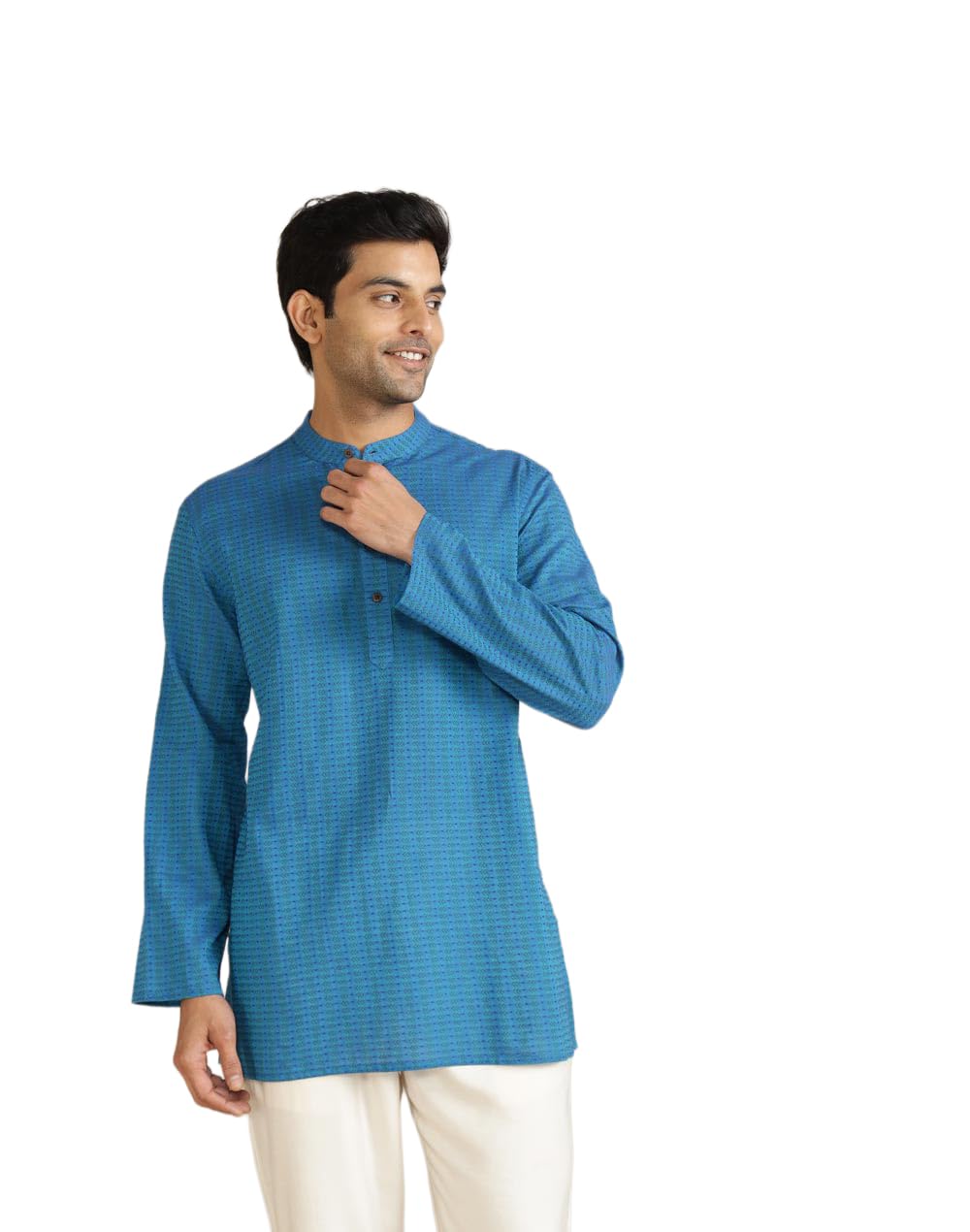 Blue Cotton Dobby Full Sleeve Chinese Collar Short Kurta-image-23