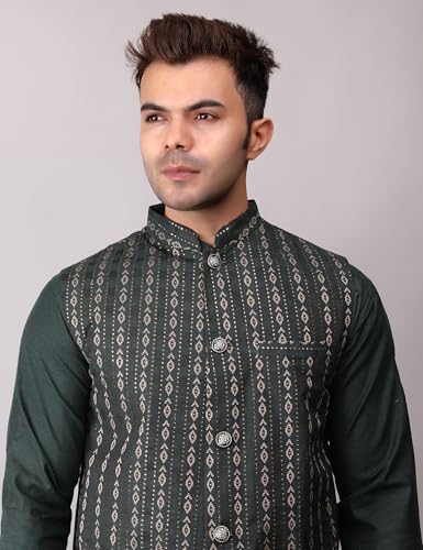 Image of Men's Cotton Silk Blend Regular Kurta Pyjama, Embroidered Nehru Jacket /Waistcoat Set