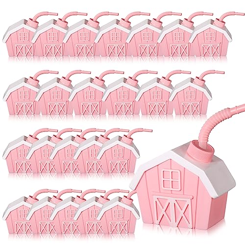 Tanlade 24 Pcs Farmhouse Cups with Lids and Straws, 10 oz Toy Farmhouse Cups for Farm Birthday Party, Barnyard Animals Party, Baby Shower Farm Animals Themed Party Decorations Favor Supplies (Pink)