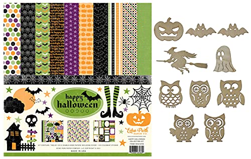 Echo Park Paper Happy Halloween Collection Kit - 12x12 Patterned Papers & Element Sticker Sheet plus 10 New Hampshire Craftworks Wooden Embellishments
