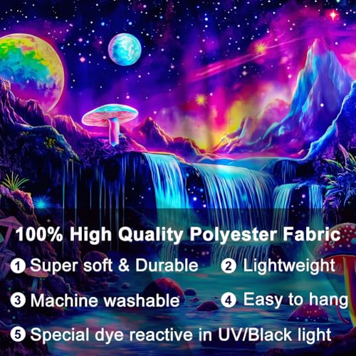 WEBEEDY UV Reactive Waterfall Tapestry Blacklight Galaxy Mushroom Landscape Tapestry Wall Hanging Aesthetic Glowing Tapestries for Bedroom Living Room Backdrop Party Decor 150x130cm - Image 3