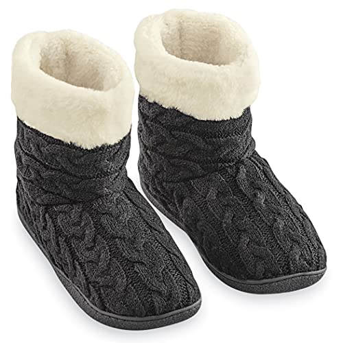Collections Etc Stylish Soft Winter Cable Knit Design Non-Slip Boot Slippers | Polyester, TPR2