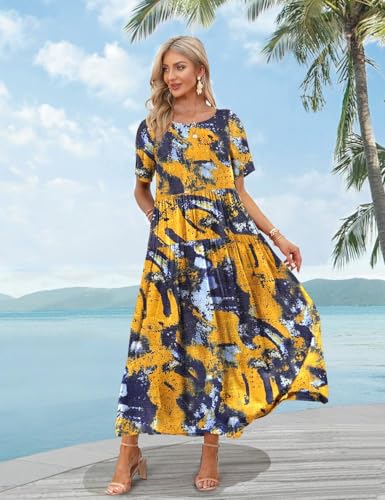 Image of YESNO Women Casual Loose Bohemian Floral Dress with Pockets Short Sleeve Long Maxi Summer Beach Swing Dress EJF