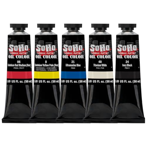 Soho Urban Artist Oil Paint Basic Set of 5-50 mL Tubes, Triple-Milled Oils with Refined Linseed - Smooth Application, True Color Mixes, Ideal for Brushes & Palette Knives
