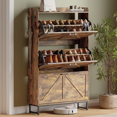 Image of Shoe Cabinet with 3 Flip Drawers, Freestanding Hidden Shoe Storage Organizer for Entryway, Narrow Slim Shoe Rack Cabinet with Open Storage & Hooks for Front Door Entrance, Living Room, Hallway, Brown
