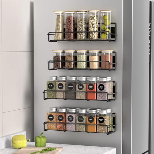 ZDXY Paquete de 4 organizadores magnéticos para especias para refrigerador y horno microondas, estante de metal para nevera para cocina, color negro