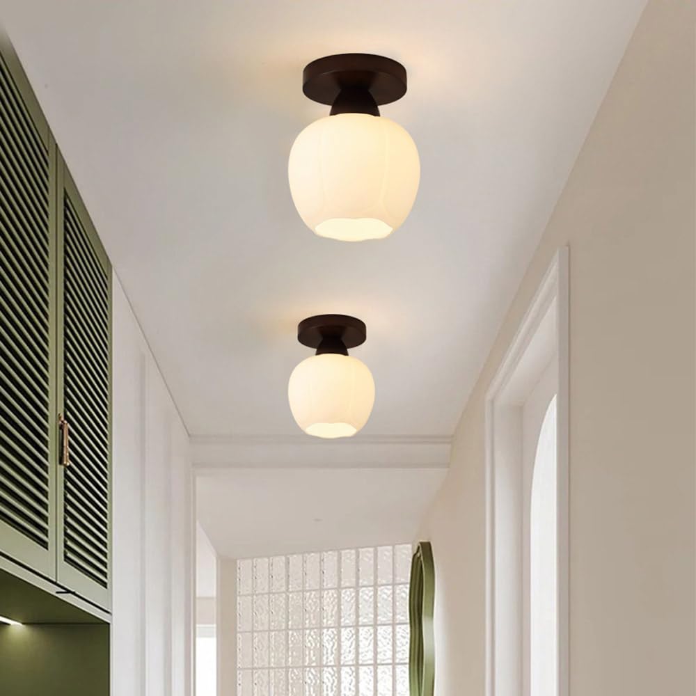 Półwpuszczana drewniana lampa sufitowa ze szklanym kloszem - Minimalistyczna lampa wewnętrzna do przedpokoju, kuchni, sypialni i biura (kolor orzech)