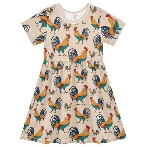 Toddler Girls Dress Summer Roosters Dresses Short Sleeve Clothes Casual Sundress 2-8Y