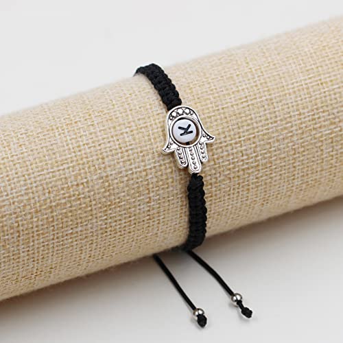 Image of Uloveido Customized A to Z 26 Letters Hand of Fatima Bracelet - Fatima Hamsa Hand Evil Eye Protection Bracelet Lucky Charm Adjustable Braided Black String