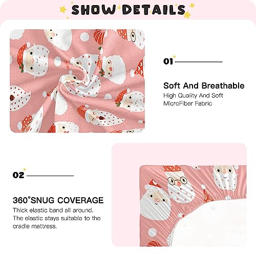 Image of Santa Pink Christmas Crib Sheets Soft Breathable Fitted Baby Playard Sheets Mattress Cover for Girl Boys, 39 inch x 27 inch x 5 inch