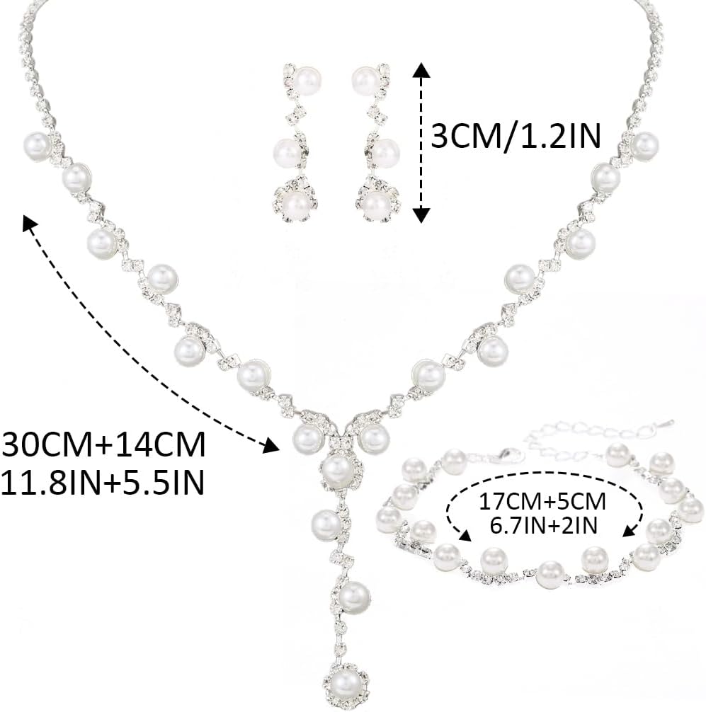 Unicra Silver Pearl Bridal Wedding Jewelry Set Rhinestone Necklace Earrings Bracelet Sets Formal Costume Jewelry for Women and Brides - Image 5