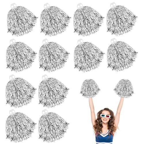 LIULINY 12 Pièces Cheerleading Pompons, Feuille Métallique Pompons de Pom Pom Girl avec Anneau Double Trou, Argent Pompom Girl pour Evénements Sportifs,...