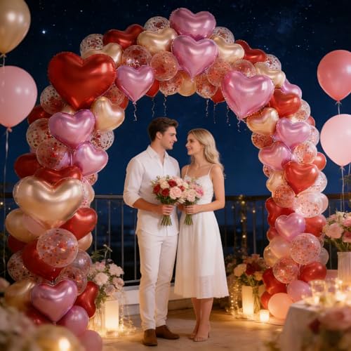 Image of Pink Red Gold Heart Balloons Party Decorations, Heart Shaped Foil and Latex Balloon Decorations Set for Girls Women Anniversary, Valentines, Wedding, Engagement, Baby Shower, Birthday Party Supplies