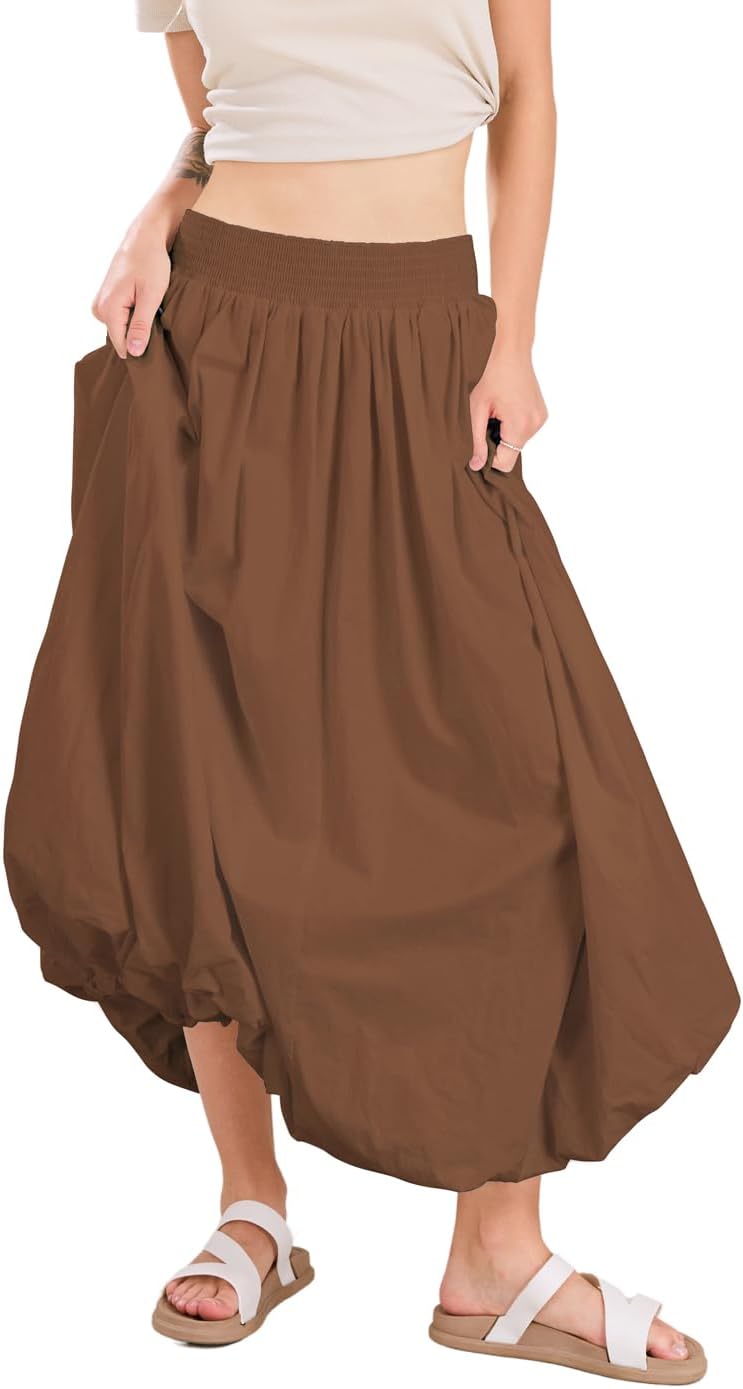 chouyatou Women's Summer Y2k Bubble Maxi Long Skirt Puffy Ruffle High Waist A-Line Smocked Skirt