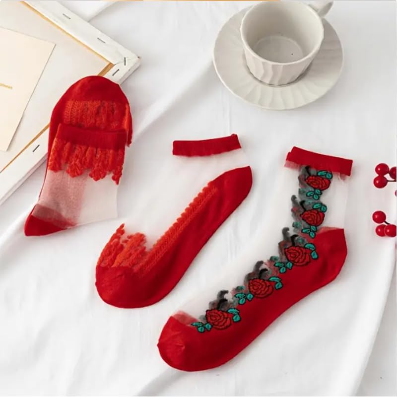 3 Pairs Red Rose Pattern Mid-Calf Socks For Women, Elegant, Comfortable And Romantic Lace Trim Design With Floral Embroidery, Romantic Accessories2