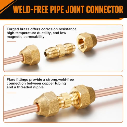 Image of Relaxweex 6 Pcs Copper Flare Coupling Connectors with Nuts HVAC,1 /4 inch 3 /8 inch | 1 /4 inch 3 /8 inch Compression Fittings for Copper Tubing, Air Conditioning Refrigeration, Flare Nut Adapters, Tube Connections