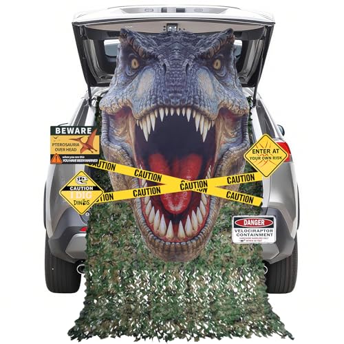 Presentastic Halloween Dinosaur Trunk or Treat Car Decorations Kit for SUV, Car-Safe Setup & Reusable Realistic Dino Tarp & Stickers for Jurassic Park Theme Party Haunted House Archway Garage Decor