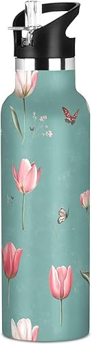 Miniatura 16 de Botella de agua estética de tulipán verde azulado para niños, con tapa de boquilla a prueba de fugas, aislamiento al vacío de doble pared, ligera
