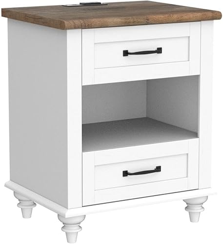 Miniatura 5 de WAMPAT Juego de 2 mesas auxiliares con estación de carga, mesas auxiliares de mediados de siglo para sala de estar, mesitas de noche retro de madera