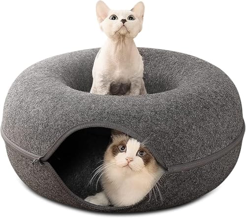 猫ハウス 猫用ベッド キャットドーナツ 猫トンネル 取り外し可能 洗える猫用ベッド 小型犬に適したベッド 屋内用 猫トンネル (ダークグレーM)