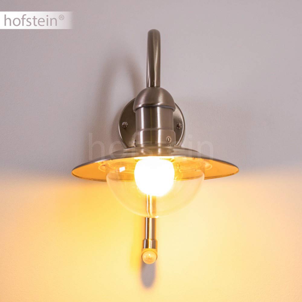 HOFSTEIN Außenwandleuchte Elima mit Bewegungsmelder, Außenwandlampe aus Metall/Kunststoff in Edelstahlfarben/Klar, moderne Wandleuchte abwärts außen, E27, IP44, Garten, Hof, Außenbereich, Haustür
