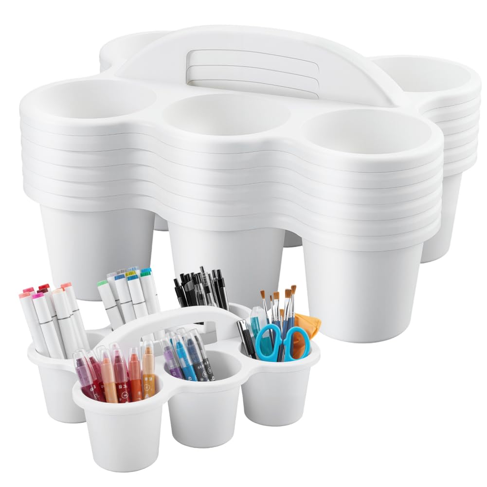 AHANDMAKER 6 Pack Plastic Storage Box Plastic Drink Cup Caddy Holder with Handle 6 Compartments Small Portable Storage Bin Multiuse Table Organizer for Office, Arts, Crafts, Crayon, Marker, Pencil