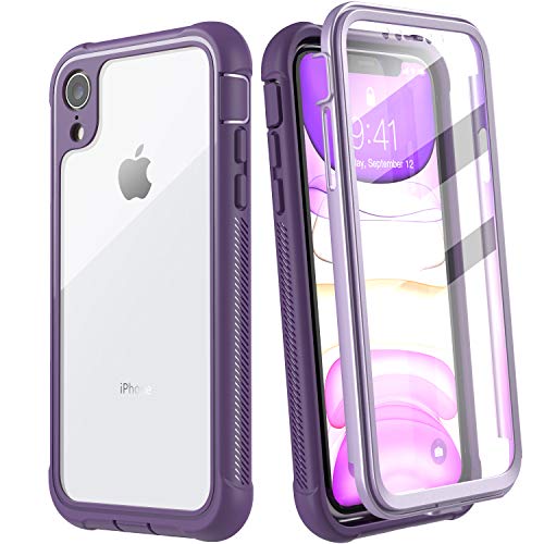 Eonfine Designed for iPhone XR Case, Full-Body Heavy Duty Protection with Built-in Screen Protector Rugged Armor Cover Clear Shockproof Case for iPhone XR Case 6.1 Inch 2018 (Purple)