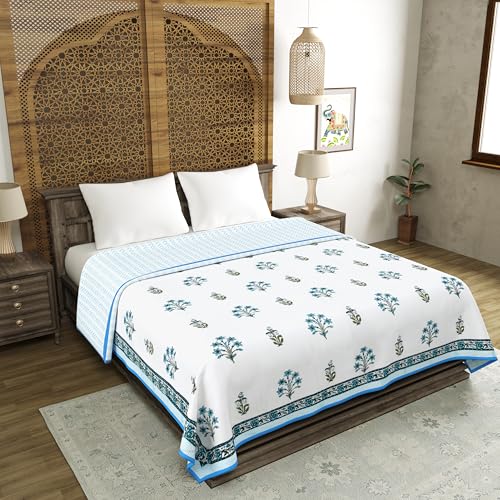 Image of BLOCKS OF INDIA 100% Cotton Dohar King Size Reversible Hand Block Printed Malmal Summer Dohar /Blanket (Blue Lily)