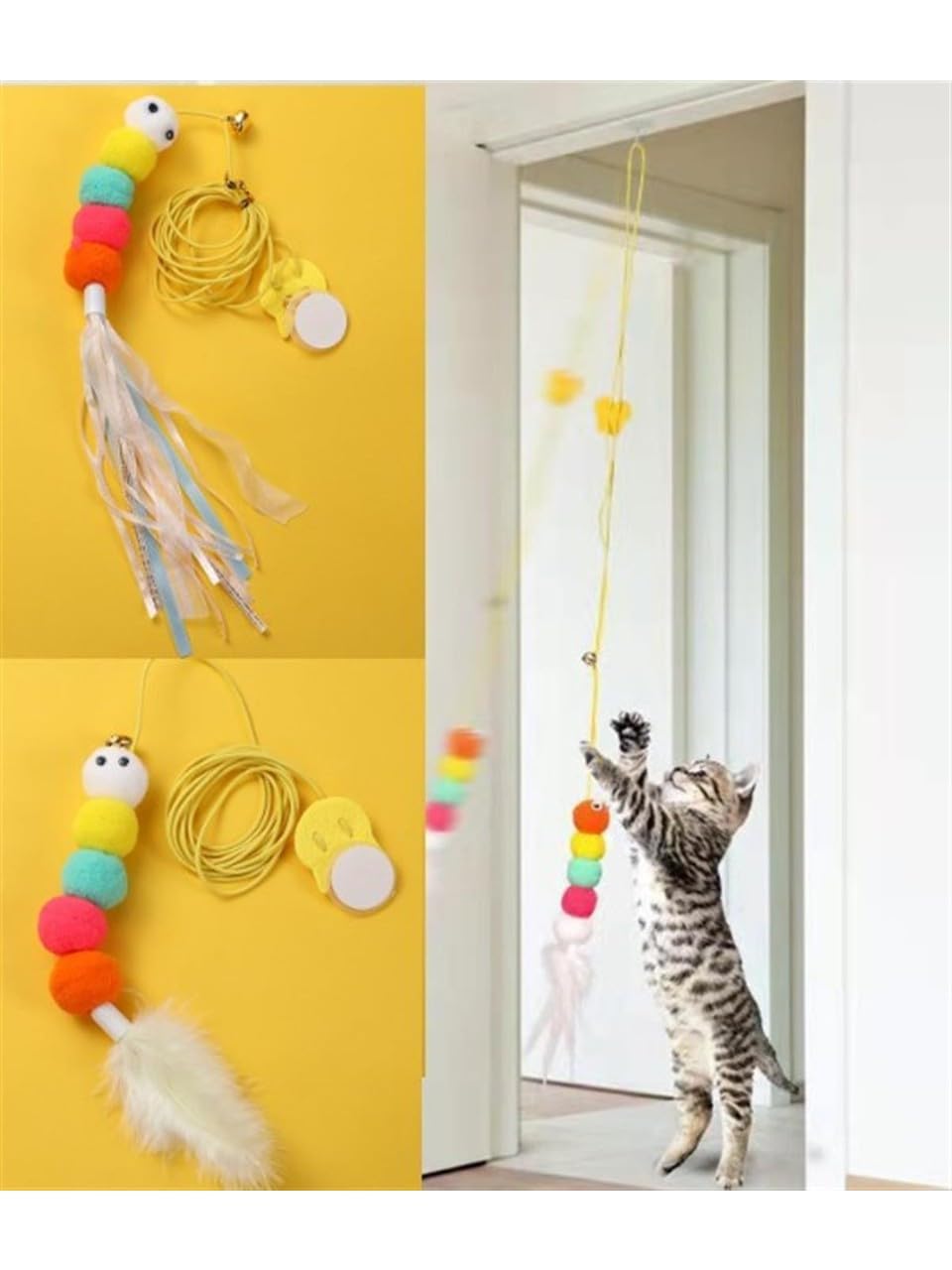 BakGelAl Elastik Kendinden Yapışkanlı Kedi Oyun Oltası, Yavru ve Yetişkin Kediler İçin Eğitici Tüylü İnteraktif Tüylü Oyuncak