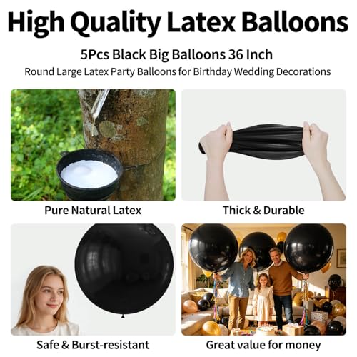 Image of 5Pcs Black Big Balloons 36 Inch, Round Large Latex Party Balloons for Birthday Wedding Decorations