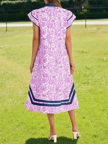 Image of Wenrine Womens Summer Floral Maxi Dress Casual Short Cap Sleeve V Neck Color Block Side Slit Loose Boho Beach Dresses