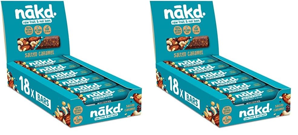 Nākd. Salted Caramel - Barritas Raw de Fruta y Frutos Secos - 100% Ingredientes Naturales - Sin Azúcar Añadido - 18 x 35g (Paquete de 2)