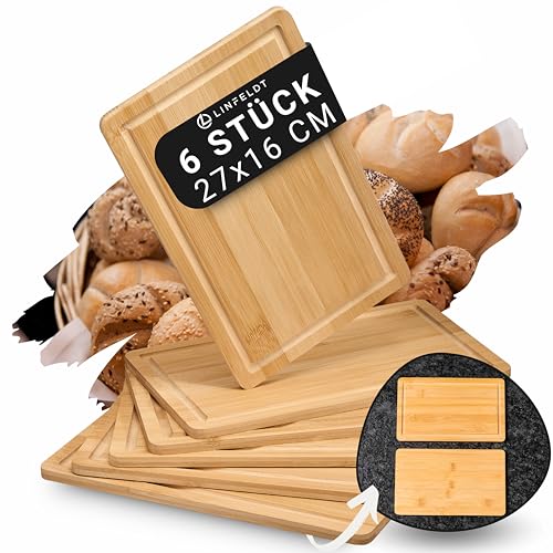 LINFELDT® 6er Set Bambus Frühstücksbrettchen Holz 27x16x1cm - Inkl. Saftrille - 6 Holzbretter + eine glatte Seite - Kleine Holzbrettchen - 6 Essbretter aus Bambus LINFELDT® 6er Set Bambus Frühstücksbrettchen Holz 27x16x1cm - Inkl. Saftrille - 6 Holzbretter + eine glatte Seite - Kleine Holzbrettchen - 6 Essbretter aus Bambus