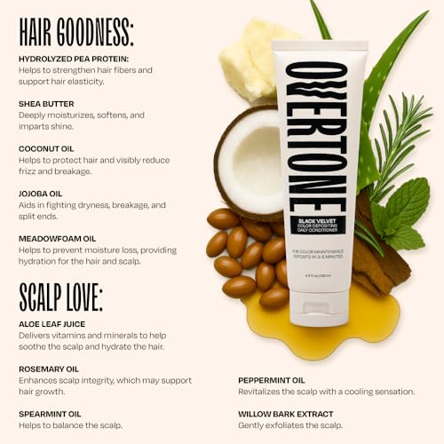 Image of Overtone Daily Color Depositing Conditioner for Hair, Black Velvet:Temporary Pigment with Shea, Coconut & Avocado Oils, Hydrating, Vegan & Cruelty-Free, All Hair Types, 4.5oz.