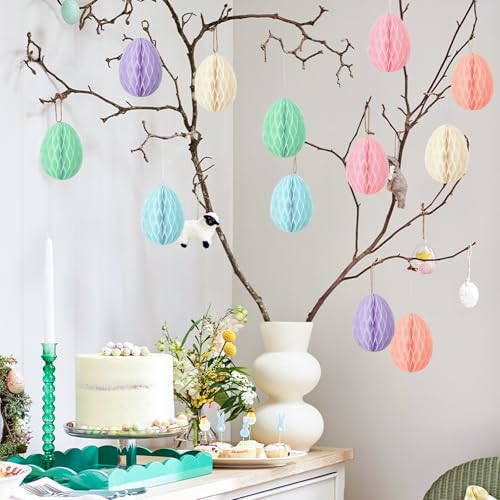 12 OstereierDekorationssets，PapierWabenOstereierNestkugeln Hängende Papier,Ostereier aus Papier， OsterpartyDekorationen ZweigDekorationen, leuchtende Farben
