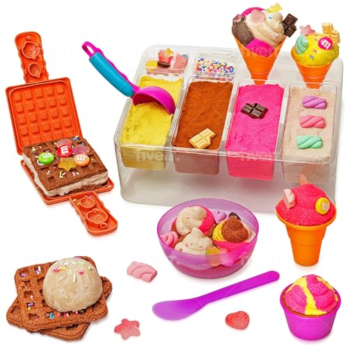 Kipipol Sensory bin - 29 pcs Ice Cream Toy Shop Play Sand Kit with 9 Ice Cream Sand Toys 1.7 LB Moon Sand for Kids Sandbox with A Lid - Pretend Play Sensory Toys for Girls and Boys Age 3-5 and Up