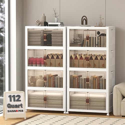 Image of UAMFURI 896QT Lockable Plastic Storage Bins, 8 Pack Collapsible Cabinets | Stackable Organizer with Doors & Wheels, Foldable Containers for Bedroom, Dorm, Office & Garage Storage