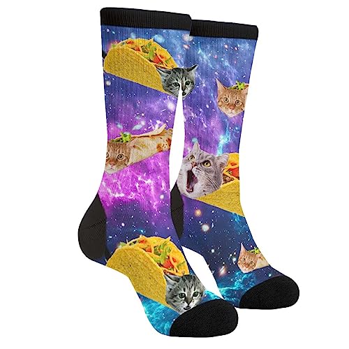 WILL BUDXEG Blue Purple Galaxy Cute Cat Taco Casual Unisex Novelty Fun Crew Socks Fashion Comfortable Men And Women Crazy Dress Socks