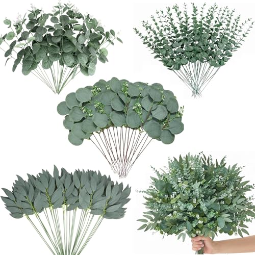 CCPanda 120 Pcs Artificial Eucalyptus Leaves Stems Bulk, Realistic Fake Greenery with 4 Kinds Mixed Silver Dollar, Faux Plants for DIY Floral Arrangements, Wedding Bouquets, Home, Party, Vase Decor