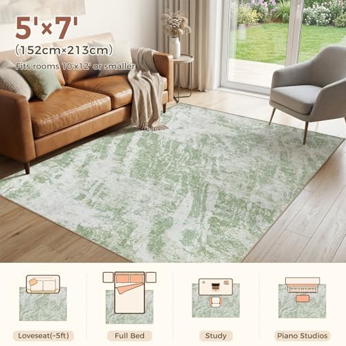 DMOYEST 5x7 Washable Area Rug: Abstract Modern Non-Slip Carpet, Soft Low Pile Indoor Neutral Easy Clean Floor Rugs for Living Room Bedroom Dining Room Kids & Pets - Green — view 3