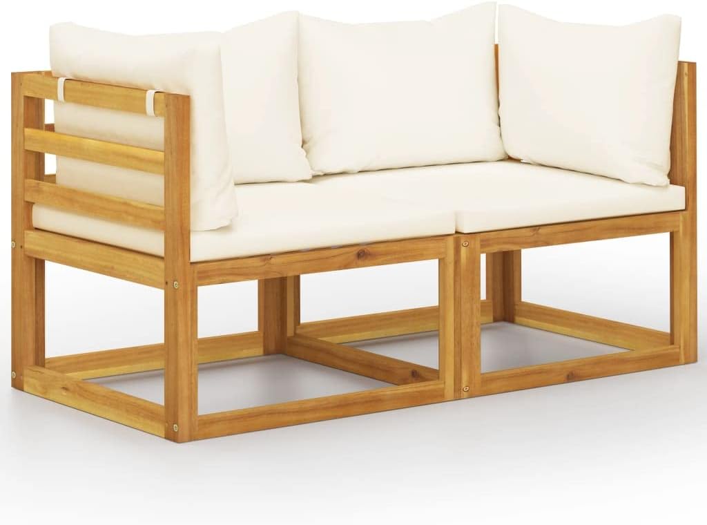 vidaXL Solid Acacia Wood 2-Seater Patio Bench with Cream White Cushions – Outdoor Sofa with Configurable Modular Design, Weather Resistant, Requires Assembly