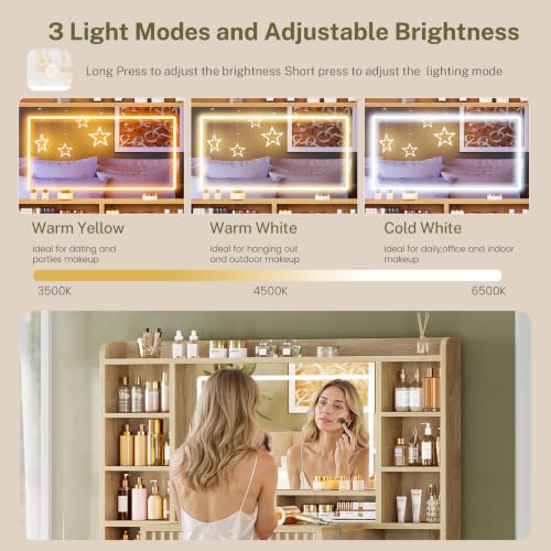 Image of FIONESO Fluted Large Vanity Desk with Mirror and Lights, Power Outlet, Makeup Vanity with 7 Drawers & 6 Open Storage Shelves, 3 Lighting Modes Brightness Adjustable, Natural