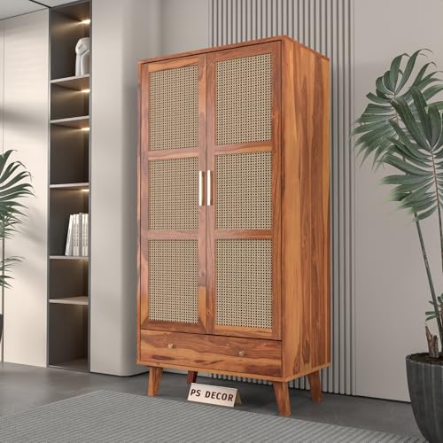 PS DECOR Solid Sheesham Wood Wardrobe with Cane Rattan Doors | Modern Wooden Storage Almirah with Drawer | 2 Door Clothes Cabinet for Bedroom & Living Room (Honey Finish)